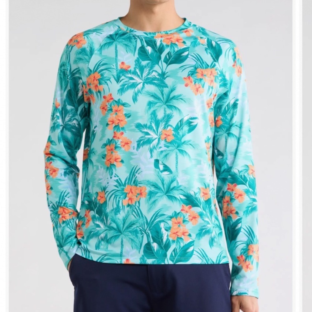 NWT Robert Graham Rash Guard Mens Teal Floral Palm UPF 50+ Swim Shirt L